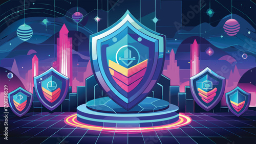 Futuristic cyber security shield design with abstract cityscape illustrating digital protection and data encryption