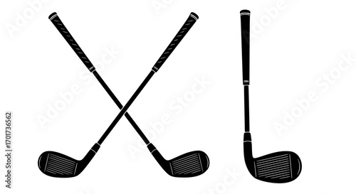 Pair of crossed golf clubs and single golf club silhouette for sports and leisure
