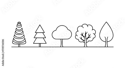 Collection of hand-drawn style tree silhouettes simple outline nature elements for artistic projects