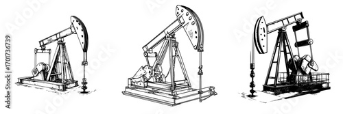 A modern icon of the oil industry is the derrick, depicted as a black silhouette of gas or fuel pumping rigs, isolated on a white background, signifying chemical industry equipment for extracting