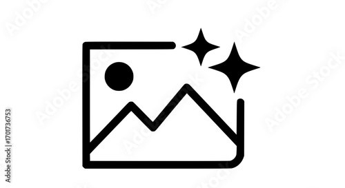 Sparkling image icon representing photo quality enhance and picture perfect scene with sun and mountains