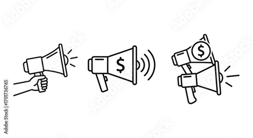 Hand drawn megaphone icons representing announcement promotion and financial message vector