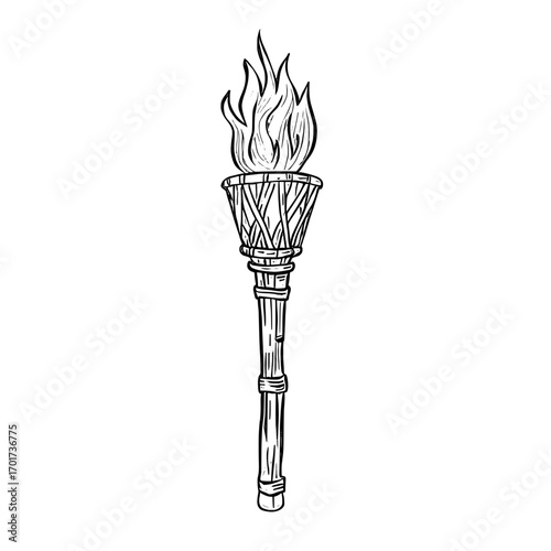 A medieval burning lamp and a modern icon are represented by a torch with a fire flame, as well as a tribal fire lantern or a Hawaii tiki torch on a wood or bamboo stick