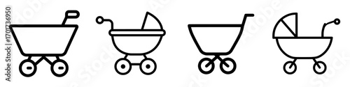 A modern baby stroller icon is depicted in a sketch style and isolated on a white background with editable colors