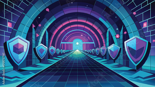 Futuristic cyberpunk style tunnel with shield emblems on a transparent background perfect for digital design projects