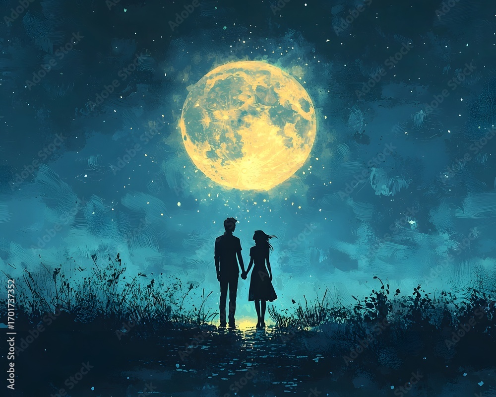 Obraz premium Silhouetted couple holding hands gazing at a large luminous moon in a starry night sky