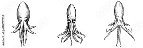 The Giant squid Pholidoteuthis is depicted in a hand-drawn sketch as an isolated underwater animal, belonging to the modern mollusca class Cephalopoda