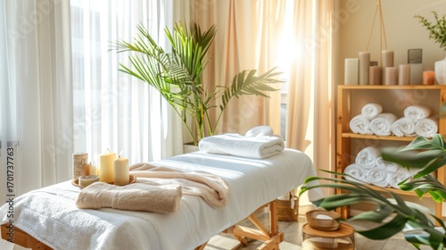 Spa Massage Table in Bright Wellness Room with Candles and Green Plants