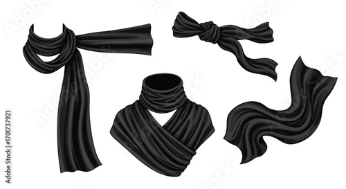 Elegant black scarves displayed in various fashionable styles and presentations vector