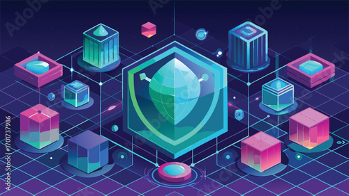 Futuristic digital illustration showcasing abstract geometric shapes and networked connections on a grid with colorful isometric elements