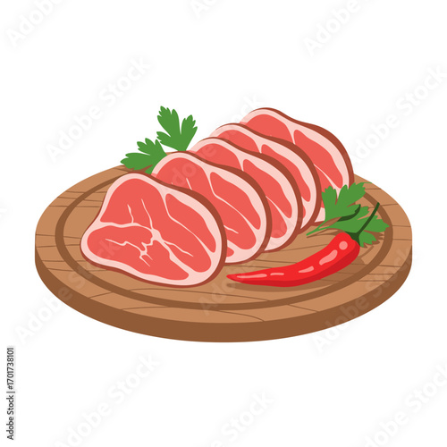 Fresh sliced raw meat with parsley and chili pepper on a wooden board