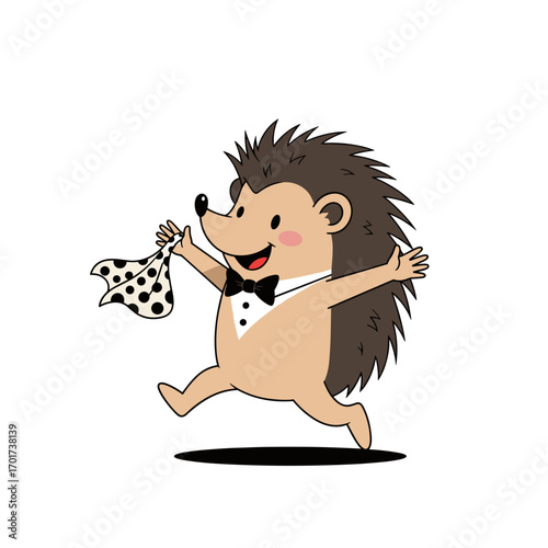 An adorable cartoon hedgehog dressed in a tuxedo happily dances with a polka dot handkerchief showing his joyful spirit