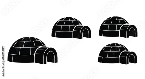 Four simple black igloos with entrance tunnels representing arctic dwelling and winter cold vector