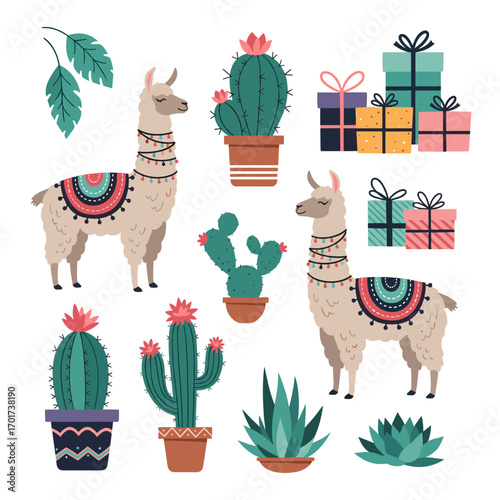 Festive llamas and cacti collection with gift boxes for a joyful celebration