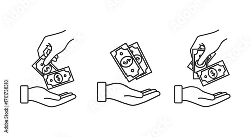 Hands exchanging money set financial transactions cash transfer and payment icons business concept vector
