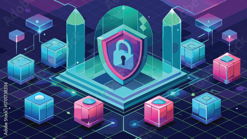 Futuristic digital security concept depicting a shield and padlock with connected cube elements on grid