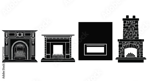 Collection of ornate and traditional fireplace designs for interior decor vector