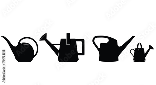 Four silhouetted watering cans of various sizes and styles for garden or home use vector