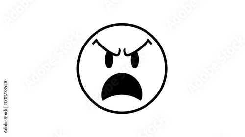 Furious shouting face emoticon, a simple black and white line art vector graphic illustration