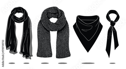 Collection of four elegant black scarves showcasing diverse styles and textures for fashionable accessories vector