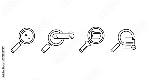 Magnifying glass icons representing search data files and analysis vector