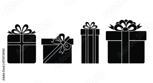 Collection of black silhouette gift boxes with ribbon and bows for celebrations vector