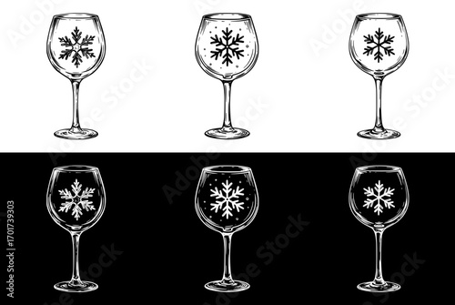 Seamless border in the form of wine glasses with snowflakes, set of images, isolated vector image, two design options on transparent and black backgrounds, pencil drawing, chalk drawing
