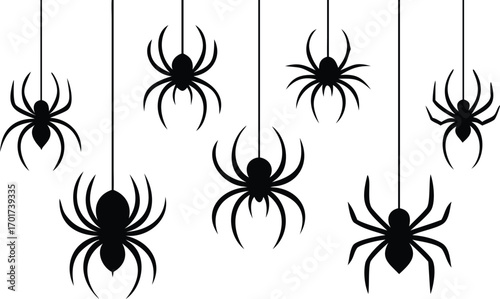 Black Silhouette Spiders Hanging on White Background 

