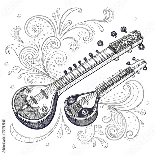 Intricate white sitar and tanpura musical instruments on black background