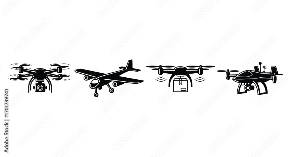 Fototapeta premium Four distinct drone models and a small airplane in a row for aerial photography and delivery vector