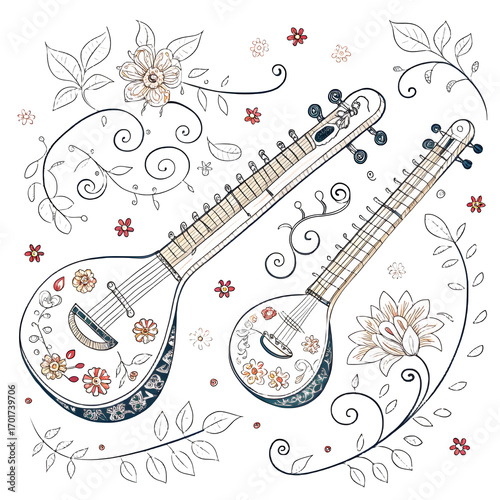 Intricate floral and paisley patterned musical instruments on black background
