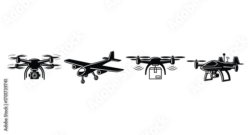Four distinct drone models and a small airplane in a row for aerial photography and delivery vector