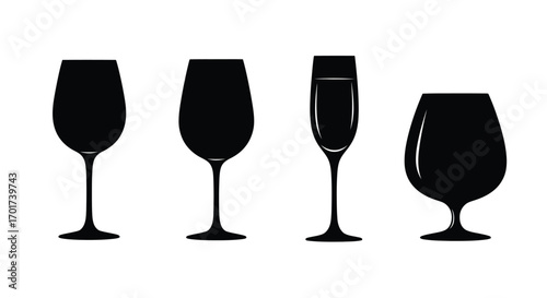 Set of four silhouette wine glasses and brandy snifter drinkware collection beverage container vector