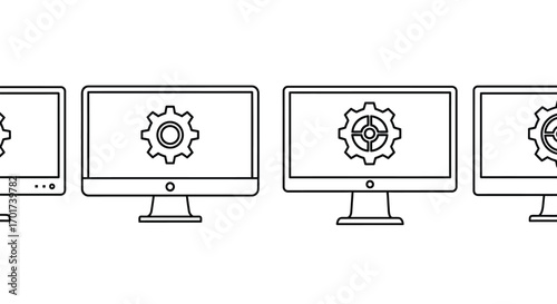 Row of computer monitors displaying gear icons signaling settings and technology solutions vector
