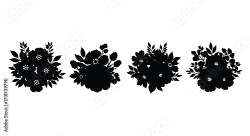 Four distinct black silhouette floral bouquets for elegant design projects vector