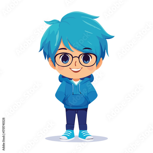 Happy Shy Anime Boy with Blue Hair and Hoodie - AI Generated