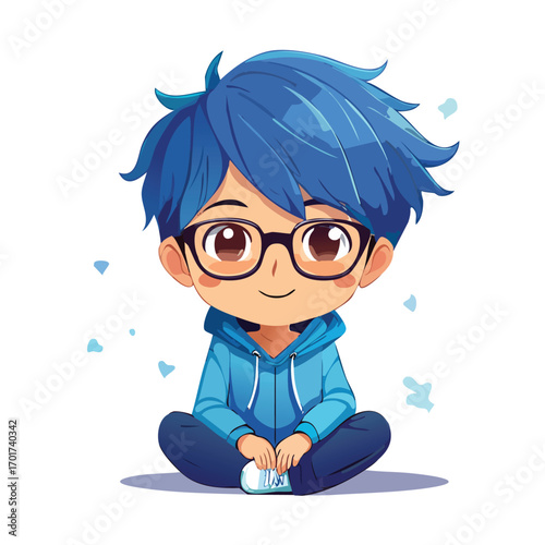 Shy Anime Boy Sitting with Glasses and Blue Hoodie - AI Generated