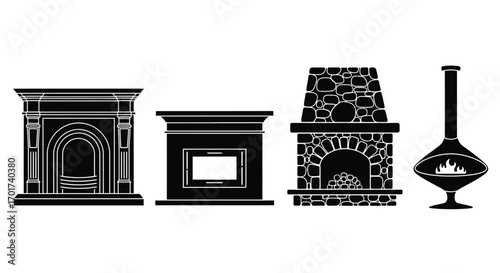Collection of four distinct fireplaces ready for cozy home ambiance vector