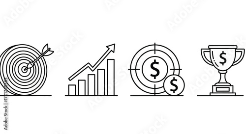 Hand drawn business success icons showing growth target achievement financial goals and trophy vector