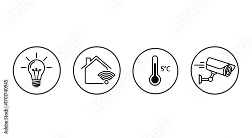 Smart home technology icons light bulb house thermometer security camera wireless connection vector