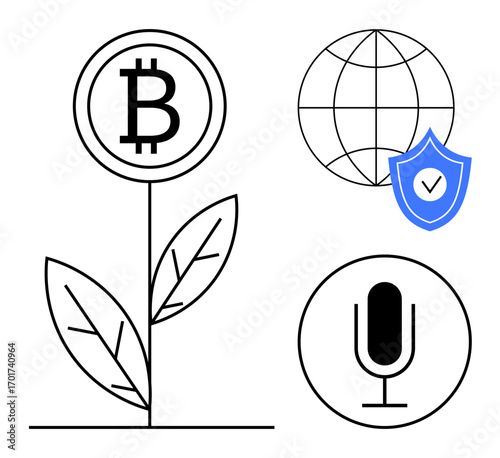 Bitcoin coin sprouting from plant stem, globe with shield icon, microphone icon. Ideal for cryptocurrency, innovation, sustainability, security, technology, finance simple landing page