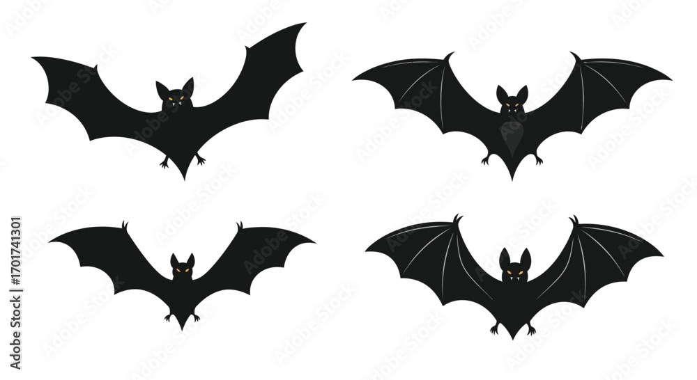 Fototapeta premium Set of four black bat silhouettes flying mystical creatures for halloween and spooky themed designs vector