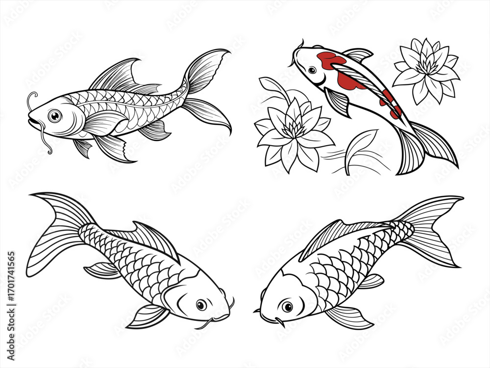Fototapeta premium coloring page line art the fish black vector bundle