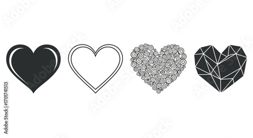 Diverse heart designs collection four unique stylized heart graphics for romantic themes vector