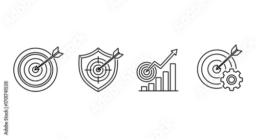 Business goal achievement icons set featuring targets shields key and gears for success vector