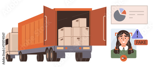 Semi-truck with open cargo holds boxes, next to data chart and warning about fake online identity. Ideal for logistics, shipping, fraud prevention, e-commerce, internet safety, identity theft
