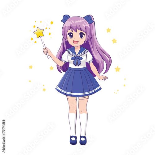Cute Anime Girl with Magic Wand Surrounded by Stars - AI Generated