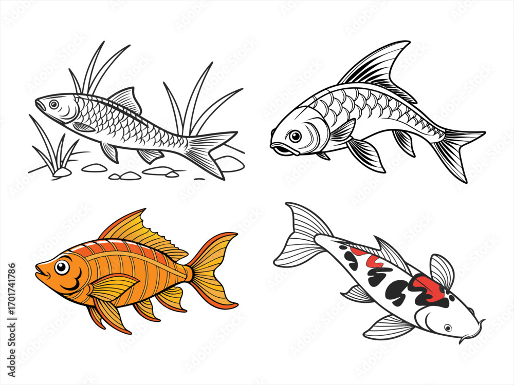 Fototapeta premium coloring page line art the fish black vector bundle