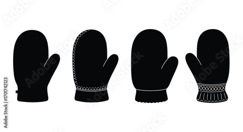 Four black winter mittens isolated on white with varying textures and designs for cold weather warmth vector