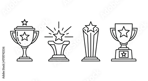 Collection of four stylized trophy icons representing achievement and victory in a clean outline design vector